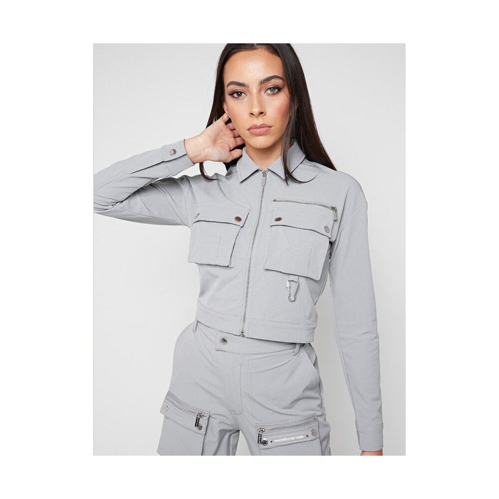 Maniere De Voir Jacket Womens 10 Gray Cropped Utility Full Zip Silver Hardware